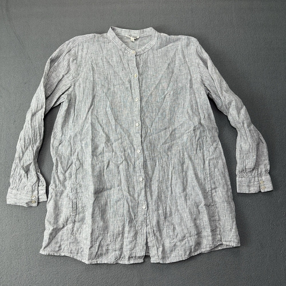 Eileen Fisher Long Sleeve Shirt Womens Med Gray Crinkled Organic Linen